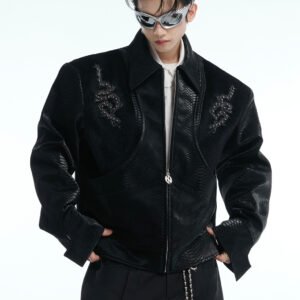 Snake Skin Stitching Leather Coat